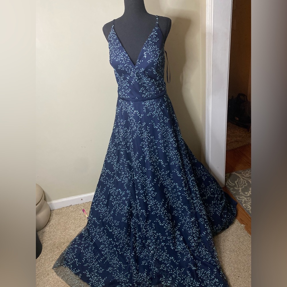 Glamour V neck, Navy Blue with embellished leaves, Prom dress